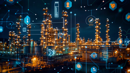 oil and gas refinery or petrochemical factory infrastructure and oil demand price chart concepts with floating icons and price arrow at night