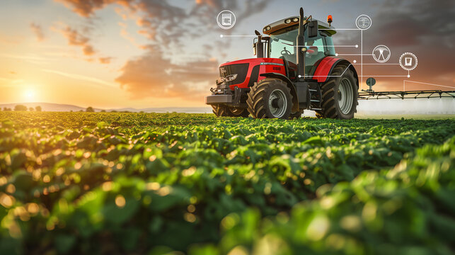 smart farming, tractor in the field, farmer tractor spraying an agricultural crop at sunset, data and floating icons of the agriculture industry and food supply 