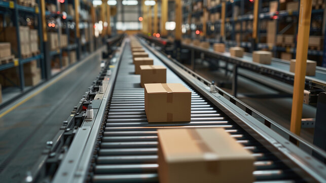 warehouse management system package picking and delivery. Delivery concept. Cardboard boxes on a conveyor line