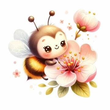 recommend clip art: cute Bee pollinating blossom. watercolor illustration, Garden blooming plants and insects flying isolated clipart on white background.