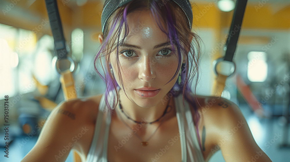 Wall mural fit young woman exercising at the gym with cable machine, intense workout focus.