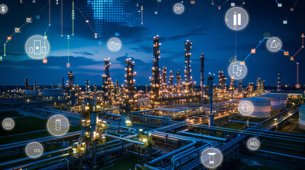 Oil gas refinery or petrochemical plant. Include arrow, graph or bar chart. Increase trend or growth of production, market price, demand, and supply—tconcept of business, industry, fuel, power energy. - obrazy, fototapety, plakaty