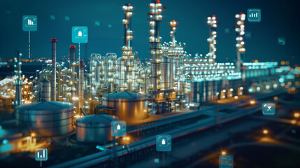Fototapeta na wymiar oil and gas facility for oil production or petrochemical factory infrastructure and oil demand price chart concepts with floating icons and price arrow