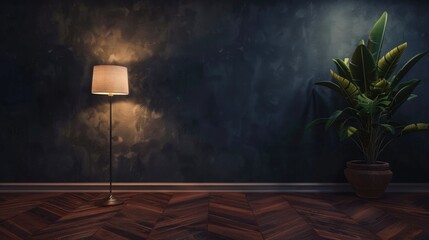 Dark Empty Room With Lamp Shade, Potted Plant And Parquet Floor. Blank Wall Mock Up.