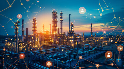 oil and gas refinery or petrochemical factory infrastructure and oil demand price chart concepts with floating icons and price arrow