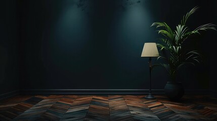 Dark Empty Room With Lamp Shade, Potted Plant And Parquet Floor. Blank Wall Mock Up.