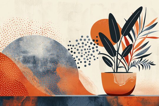 Plant and planter with abstract illustration