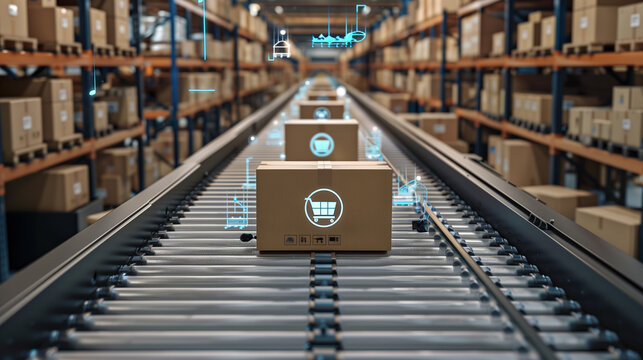 Packages delivery, packaging service, and parcels transportation system concept, cardboard boxes on a conveyor belt in warehouse, smart warehouse with floating icons AI