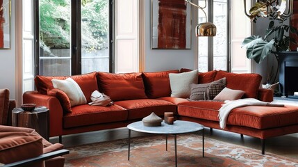 Eclectic living room interior with comfortable velvet corner sofa with pillows