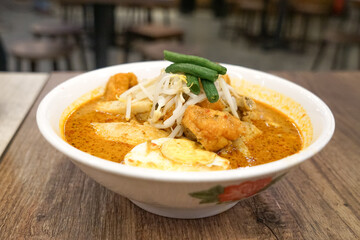 Curry Laksa, a popular traditional spicy noodle soup in Malaysia