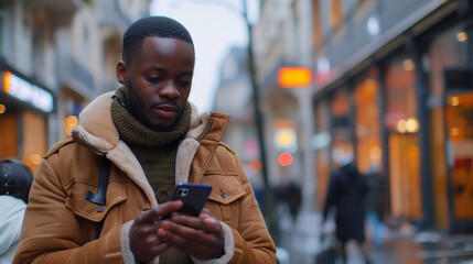 Black man using his smartphone mobile for service 5g digital communication and online social media city 