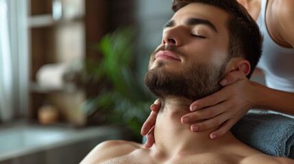 young man getting a massage in a Spa salon, male getting a massage from a woman, close up of head, A good-looking man getting a back massage lying down - obrazy, fototapety, plakaty