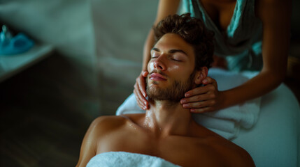 Young man enjoying a massage. - obrazy, fototapety, plakaty