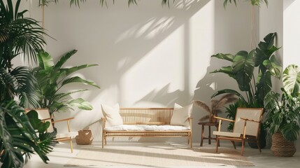 farmhouse interior living room, empty wall mockup in white room with wooden furniture and lots of green plants, 3d render