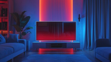 front view of a white backlit television mockup in a living room with blue and red lighting. 3d render