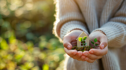 House model in people hands, Woman holding house model and house key in hand.Mortgage loan approval home loan and insurance concept. green nature background