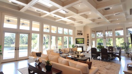 Great room with coffered ceiling and large windows