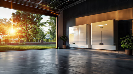 Obraz premium battery packs alternative electric energy storage system at home garage wall as backup or sustainable energy concept, Powerwall and Backup Gateway installed on a house wall at sunset