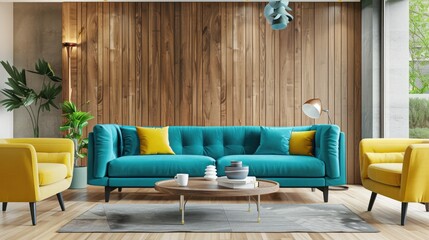 Interior design of modern apartment, turquoise sofa in contemporary living room, yellow armchairs, mock up wall and wooden panelling, home design. 3d rendering