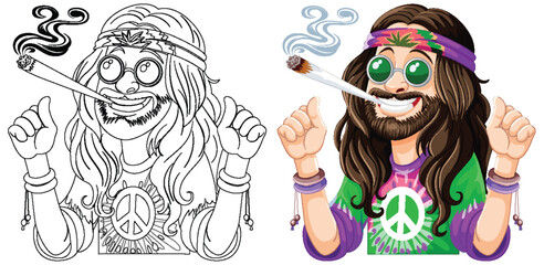 Colorful illustration of a hippie with a peace sign.