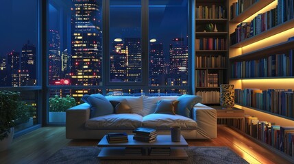 Interior Of Luxurious Living Room With Sofa And Bookshelf. Dusk Scenery From The Window.