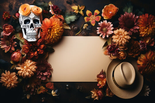 greeting card, Day of the Dead a Colorful Celebration style related to the Day of the Dead are skeletons and skulls . generative AI