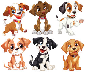 Six cute cartoon puppies with various expressions.