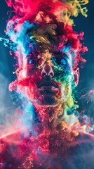 The image features a close-up portrait of a person's face surrounded by vibrant swirls of multi-colored smoke. The smoke, in hues of red, blue, yellow, and green, appears to emanate from around the pe