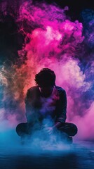 A person is sitting cross-legged on the ground, surrounded by an ethereal swirl of smoke and vapor. The smoke is vibrantly colored in shades of pink, purple, and blue, creating a dramatic and surreal 