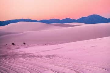 Pink sunset over white sand dunes. Alamogordo. New Mexico. USA