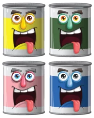 Fototapete Kinder Four cartoon paint cans showing playful expressions.