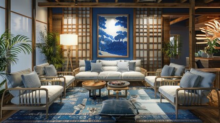 Living room interior design- 3d render blue and white colored furniture and wooden elements