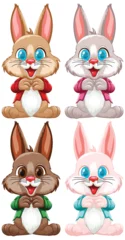 Fototapete Kinder Four cute bunnies with different colored clothes.