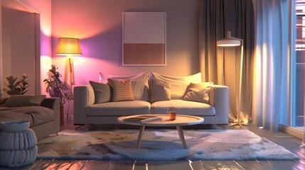 Living room interior with comfortable furniture, coffee tables and floor lamp. Empty wall mock up. 3D render. 3D illustration.