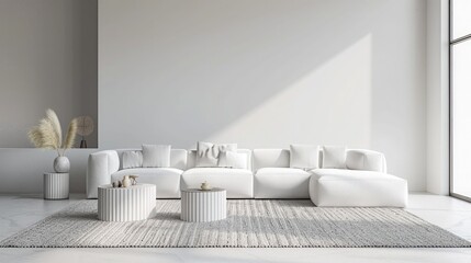 Living room interior with white sofa, carpet on the floor and coffee tables. Minimalism concept. 3d render image.