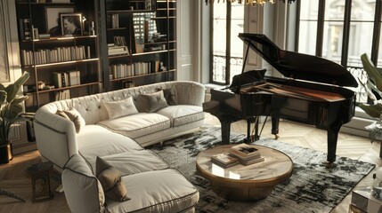 Living Room Interior With Grand Piano, Corner Sofa, Marble Coffee Table And Bookshelf