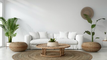 Living room interior with white sofa, carpet on the floor and coffee tables. Minimalism concept. 3d render image.