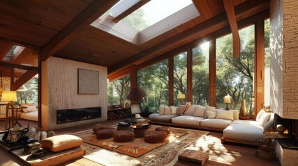 Living room in a house with impressive wood and skylights