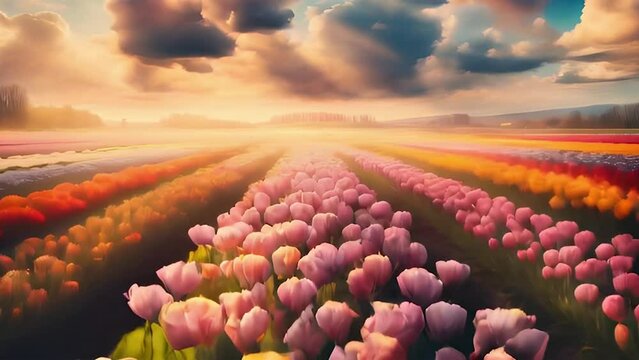 Aerial drone video footage of A field of tulips in different color under a blue sky on spring season with 3d animation style, dreamy and fantasy.