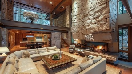 Luxurious living area with natural stone fireplace Fireplace on a natural stone wall