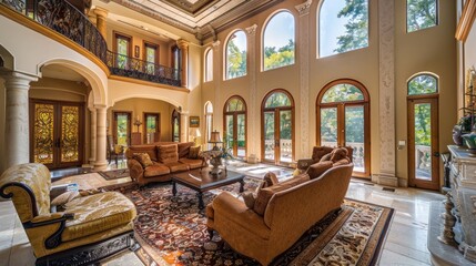 Living room with high ceilings and architectural featuresLiving room with high ceilings and architectural features