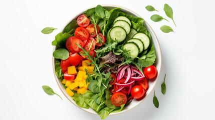 A realistic representation of a salad bowl against a white background, abundantly filled with a colorful assortment of fresh vegetables .