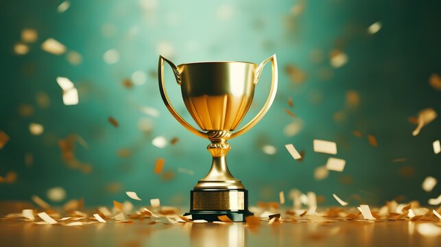 Golden trophy and streamers on green background.