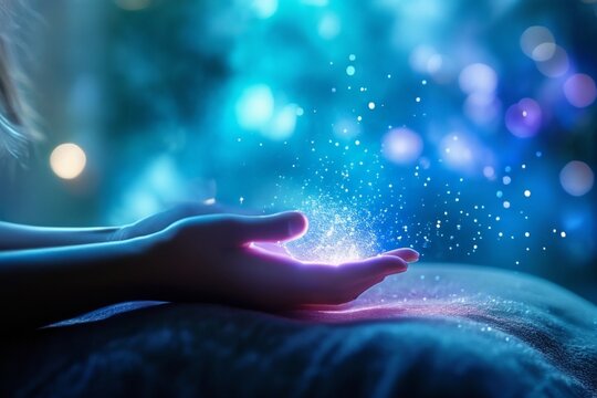 catching a falling star, energy healing, blessing, blue and purple energy and bokeh background