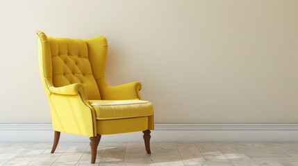 Mockup living room interior with yellow armchair on empty cream color wall background.3d rendering