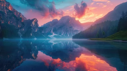 Fotobehang The first light of sunrise sets the sky ablaze with color over a tranquil mountain lake © Nakarin