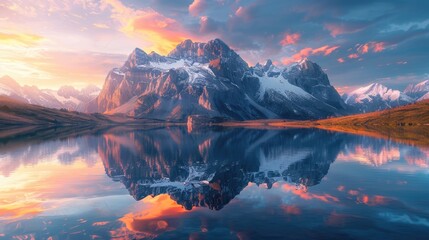 The first light of sunrise sets the sky ablaze with color over a tranquil mountain lake - obrazy, fototapety, plakaty