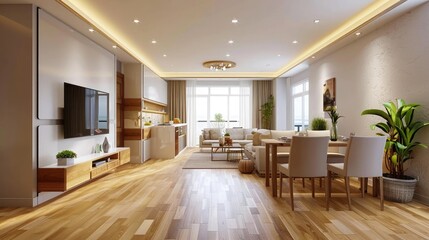Modern Living Room And Dining Room With Television Set And Parquet Floor