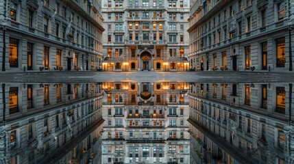 The warm glow of lights illuminates the grand facade of a historic building at dusk, reflected in the still water below. The symmetry and grand architecture evoke a timeless elegance