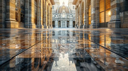 The warm glow of lights illuminates the grand facade of a historic building at dusk, reflected in the still water below. The symmetry and grand architecture evoke a timeless elegance - obrazy, fototapety, plakaty